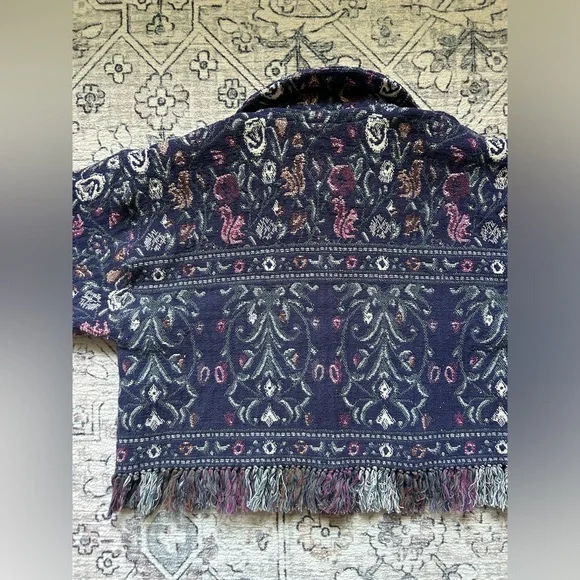 Handmade Upcycled Floral Blanket Jacket with Fringe - Picture 5 of 6